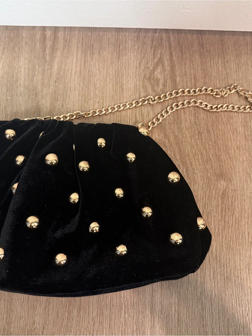 Brand New Anthropologie Black Velvet Studded Bag with Gold Chain Strap